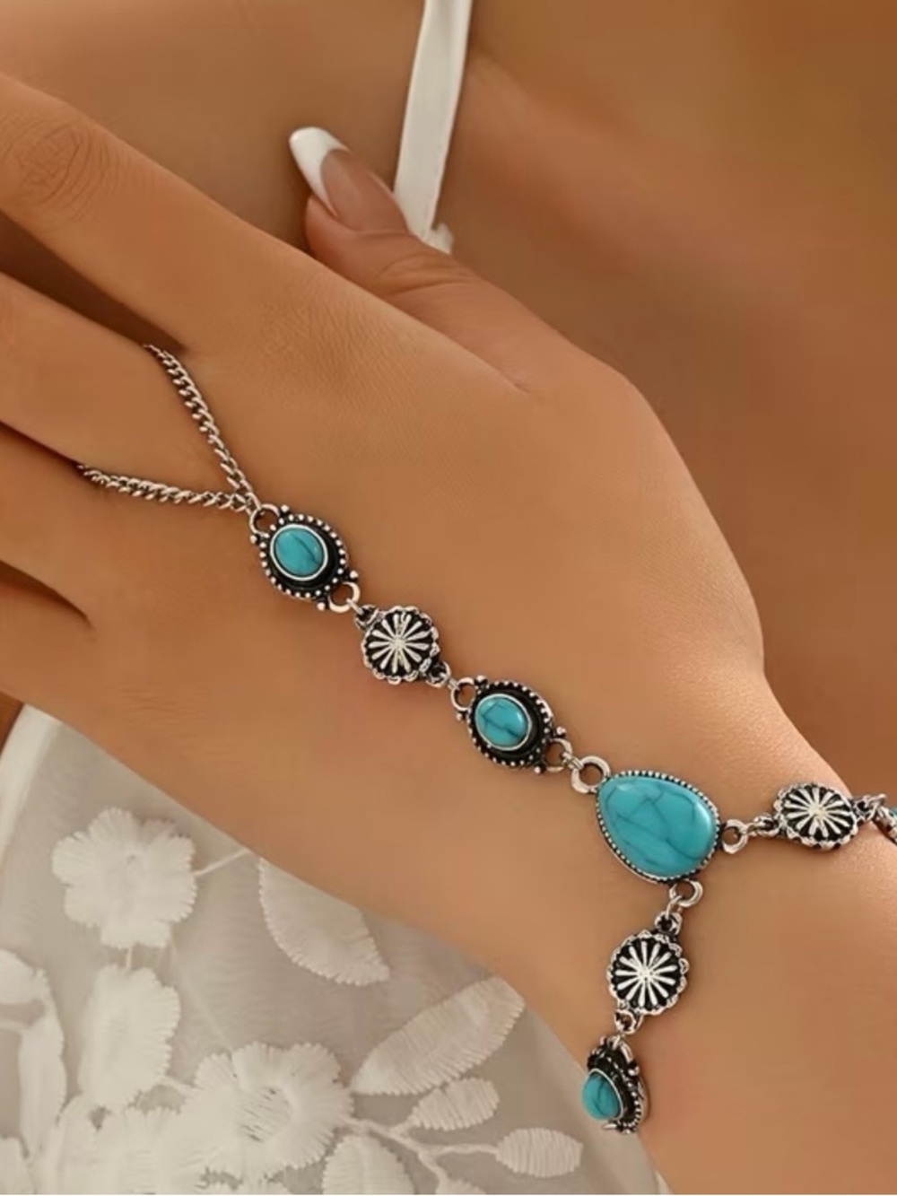 Turquoise Silver-Accent Hand Chain Bracelet - Women Jewelry